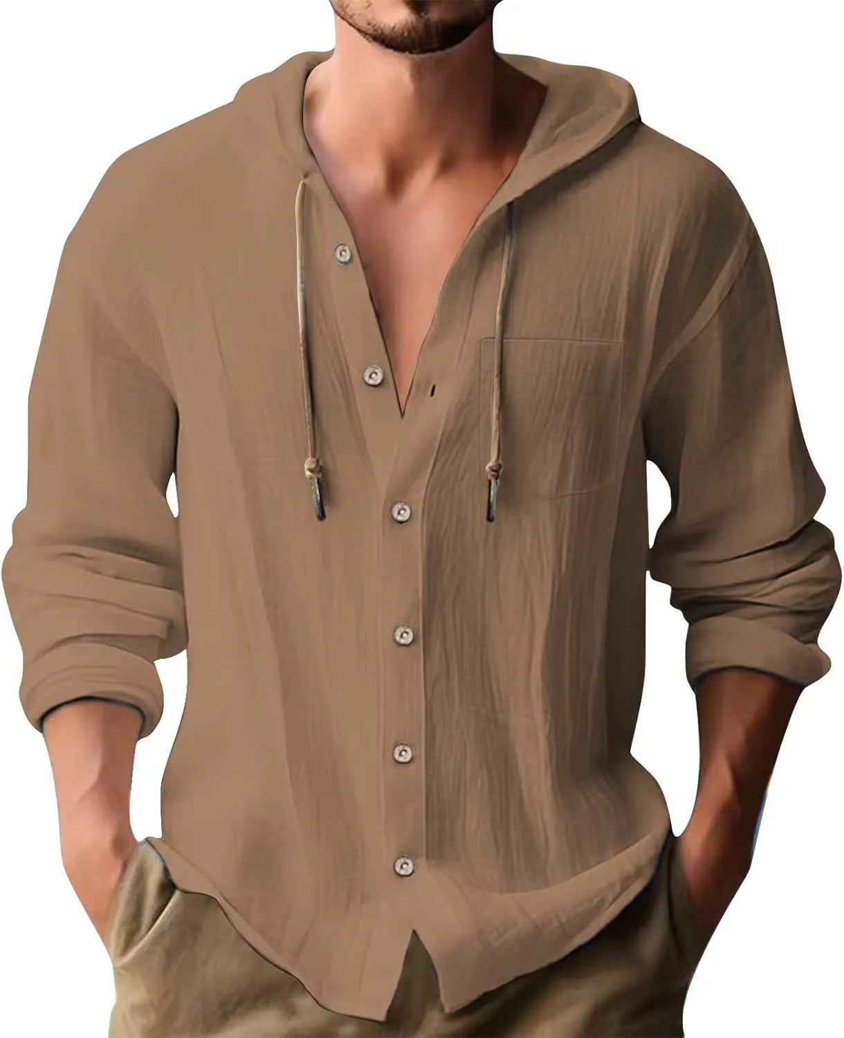 Mens Linen Button Down Shirts Casual Long Sleeve Roll-Up V Neck Hooded Summer Casual Hawaiian Beach Tops