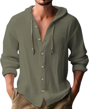 Mens Linen Button Down Shirts Casual Long Sleeve Roll-Up V Neck Hooded Summer Casual Hawaiian Beach Tops
