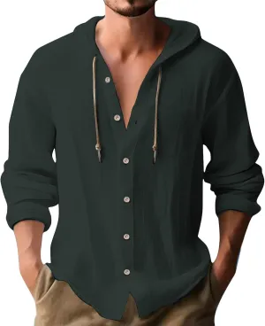Mens Linen Button Down Shirts Casual Long Sleeve Roll-Up V Neck Hooded Summer Casual Hawaiian Beach Tops