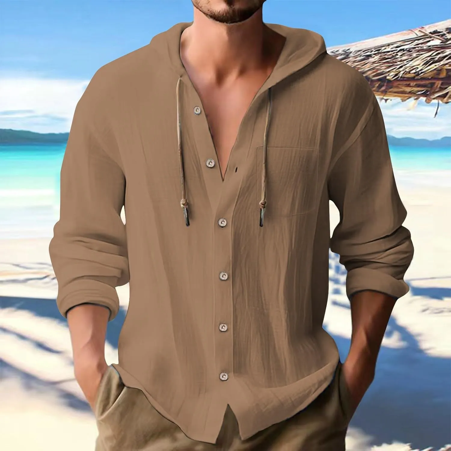Mens Linen Button Down Shirts Casual Long Sleeve Roll-Up V Neck Hooded Summer Casual Hawaiian Beach Tops