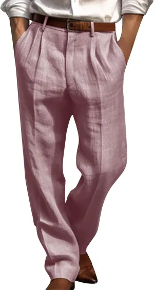 Men's Linen Dress Pants High Waist Lightweight Breathable Relaxed Formal Casual Vacation Daily Pockets