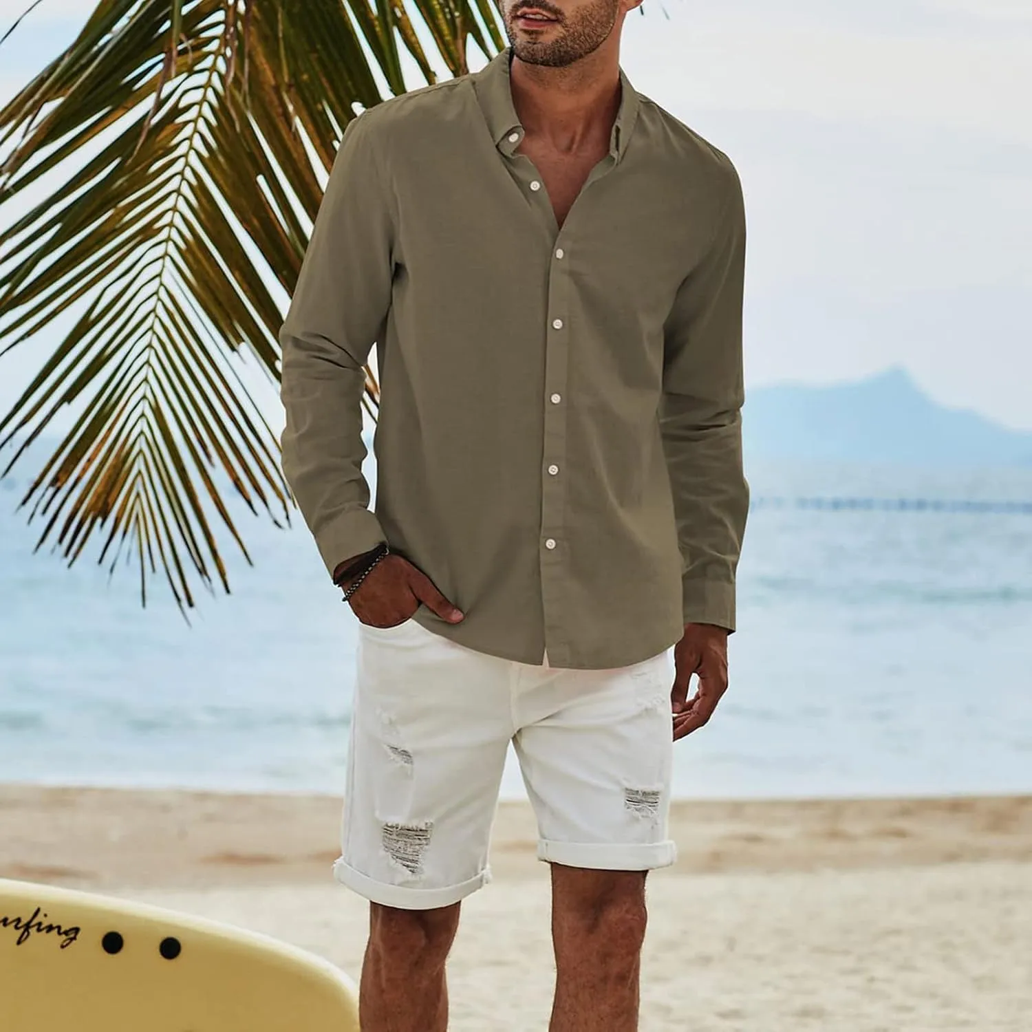 Mens Long Sleeve Dress Shirts Business Casual Button Down Regular Fit Vacation Beach Wedding Shirts with Pocket