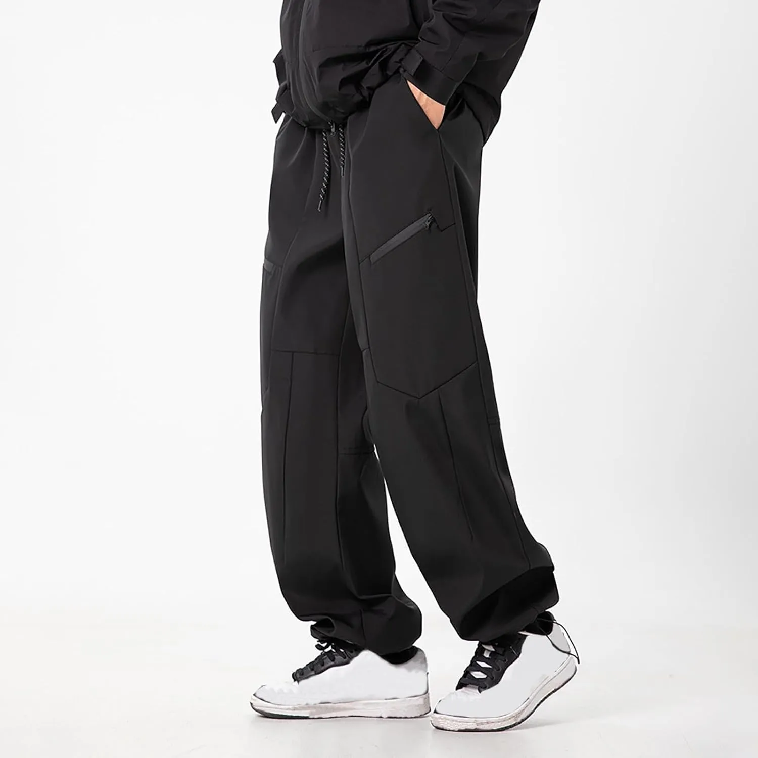 Men's Outdoor Cargo Pants Casual Drawstring Hiking Pants Waterproof Work Trousers with Zipper Pockets