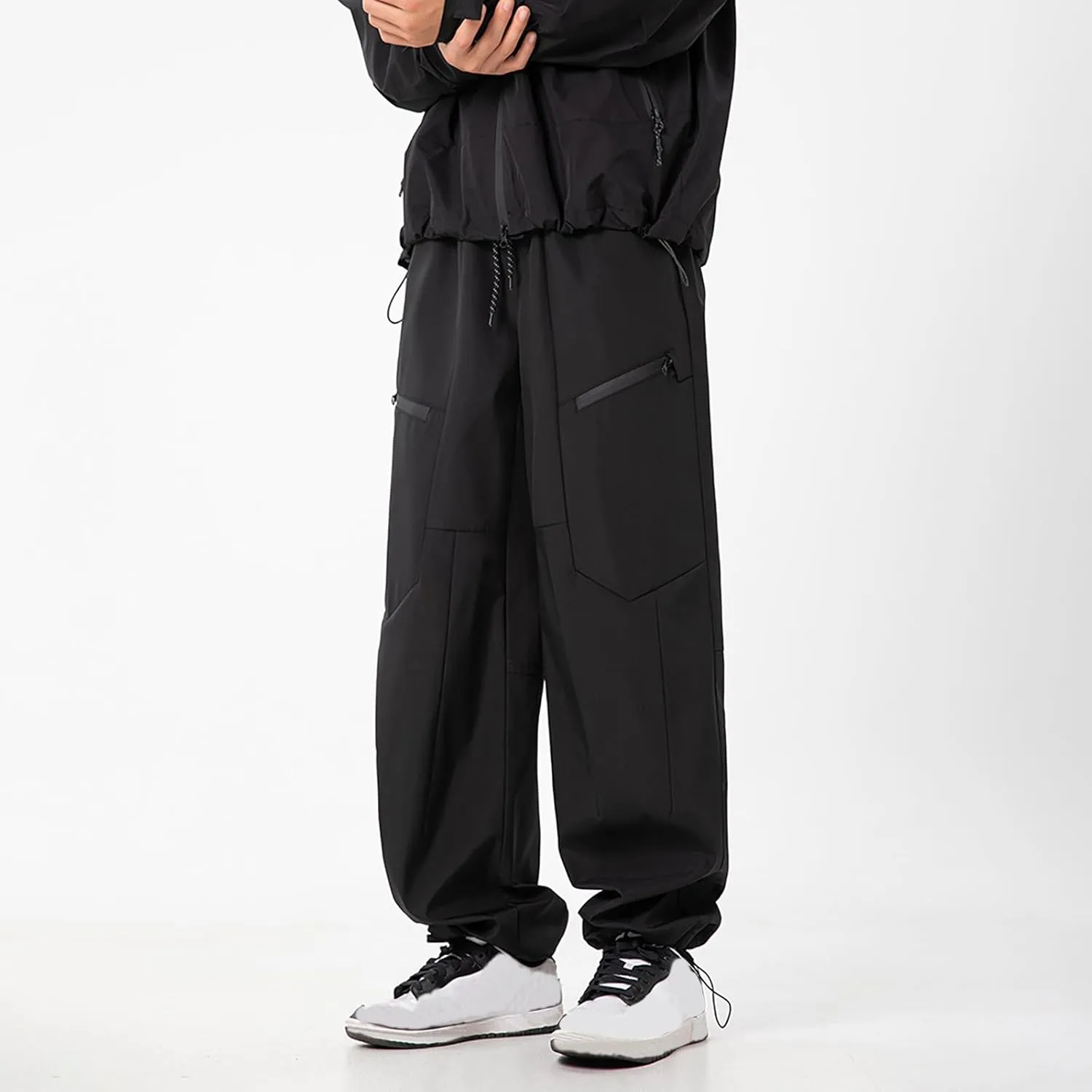 Men's Outdoor Cargo Pants Casual Drawstring Hiking Pants Waterproof Work Trousers with Zipper Pockets