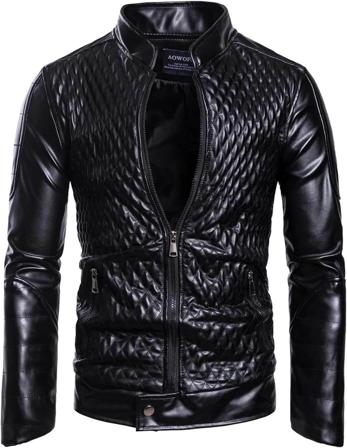 Men's Pocket Leather Jacket Stand Collar Motorcycle Leathers Coat Zip-Up Biker Bomber Jackets