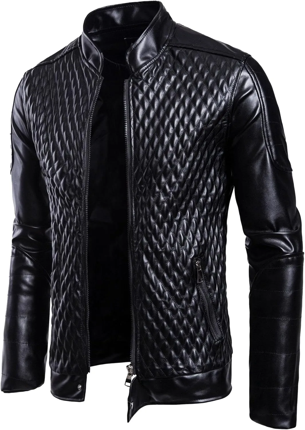 Men's Pocket Leather Jacket Stand Collar Motorcycle Leathers Coat Zip-Up Biker Bomber Jackets