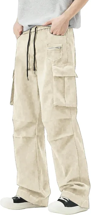 Mens Travel Cargo Pants Casual Elastic Waist Pants with Multi-Pocket Relaxed Drawstring Comfy Trousers