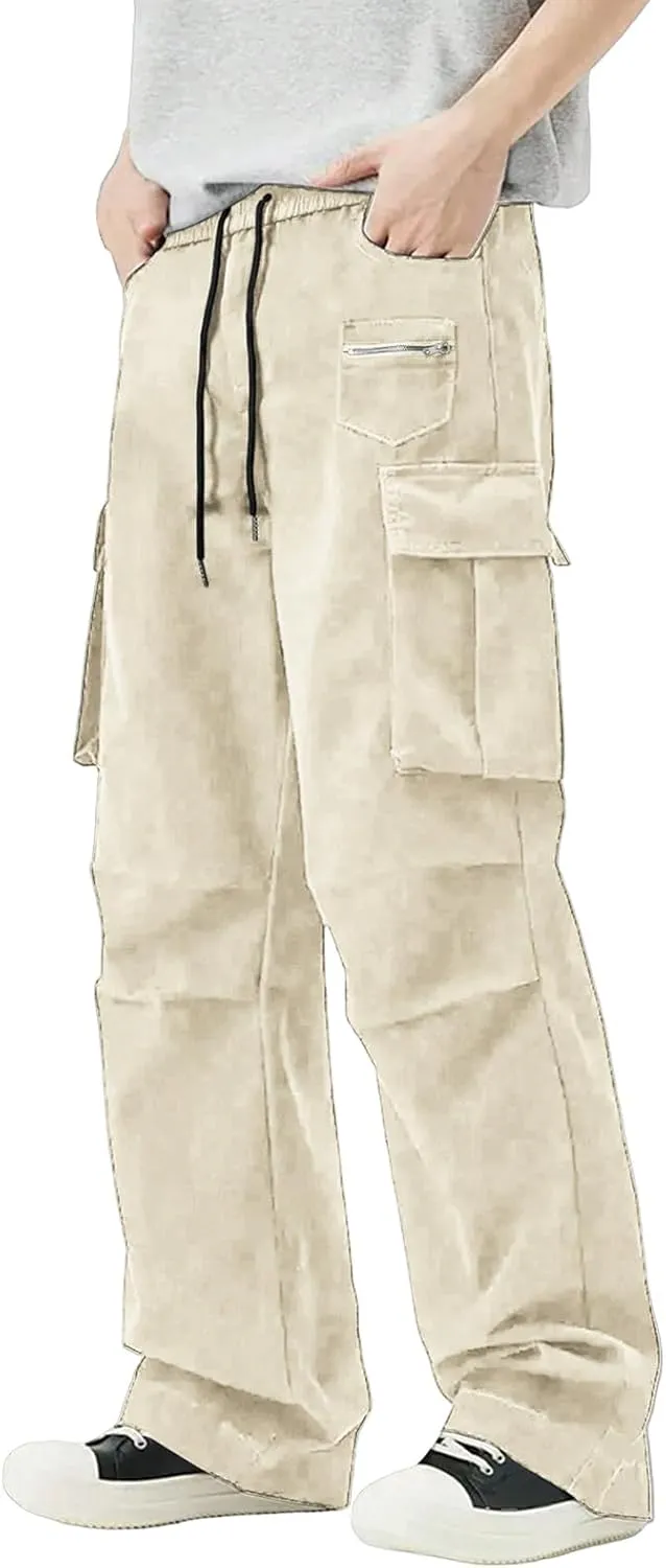 Mens Travel Cargo Pants Casual Elastic Waist Pants with Multi-Pocket Relaxed Drawstring Comfy Trousers