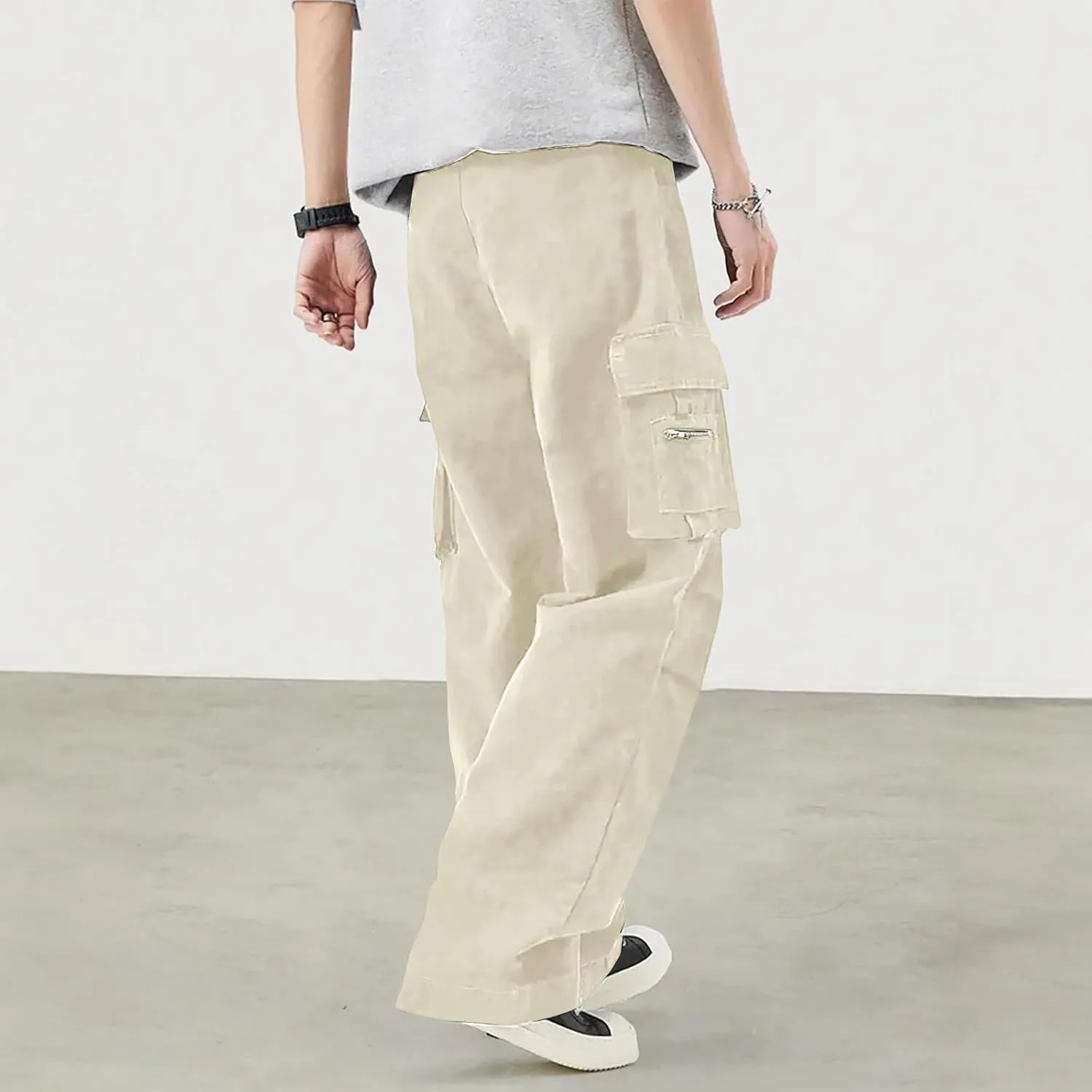 Mens Travel Cargo Pants Casual Elastic Waist Pants with Multi-Pocket Relaxed Drawstring Comfy Trousers