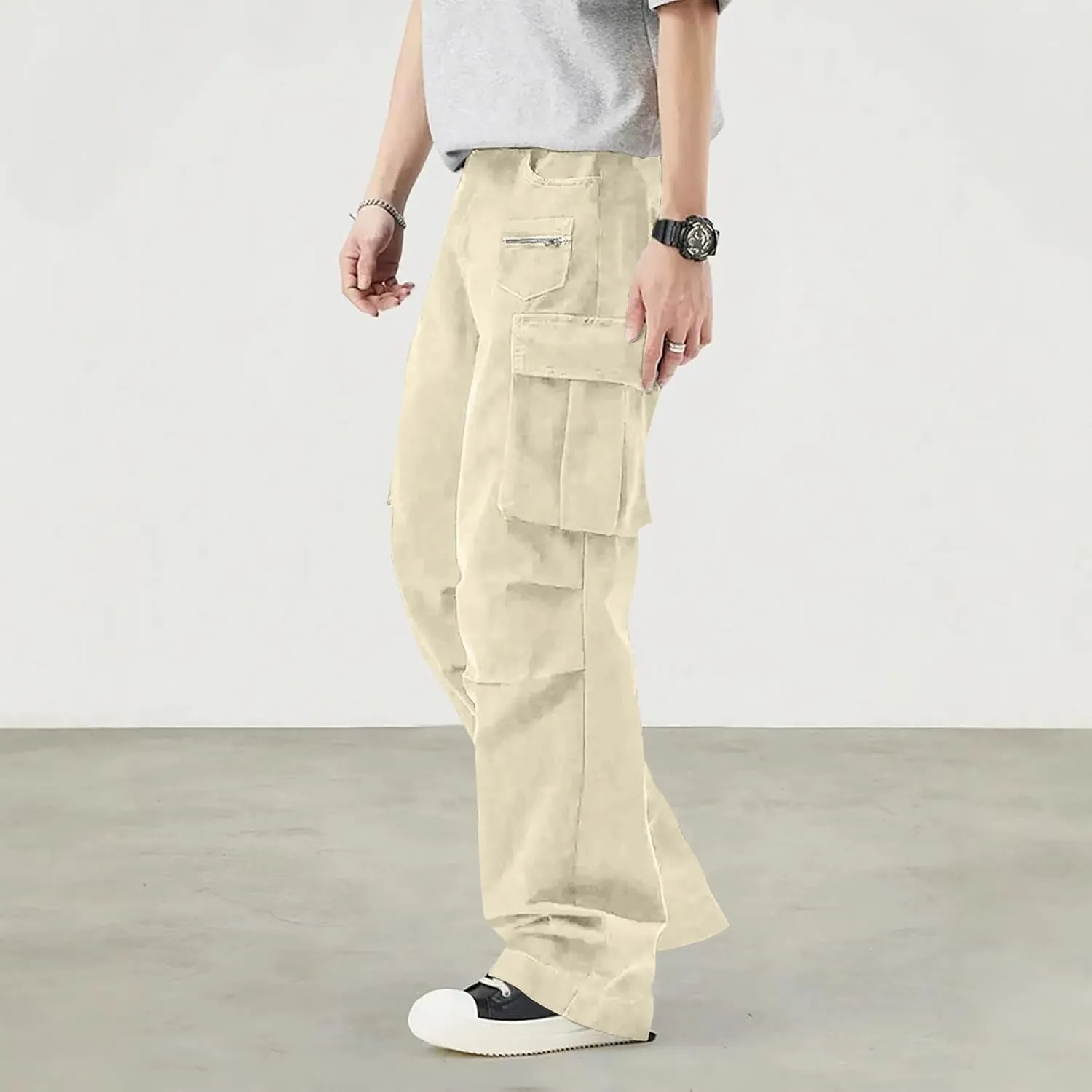 Mens Travel Cargo Pants Casual Elastic Waist Pants with Multi-Pocket Relaxed Drawstring Comfy Trousers