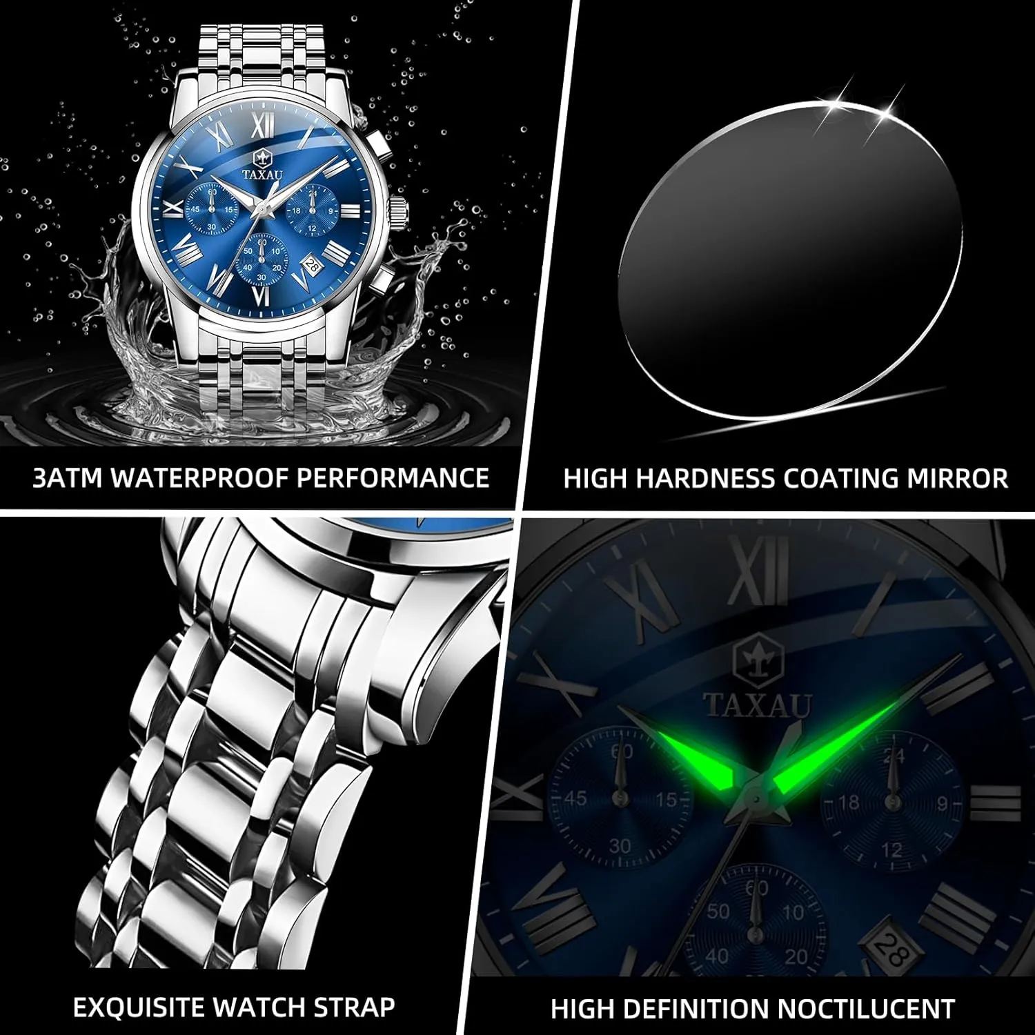 Mens Watch, Luxury Watches for Men, Big Face Watch for Men, Stainless Steel Men's Wrist Watches, Multifunction Waterproof WatchDress Analog Quartz Men's Watches