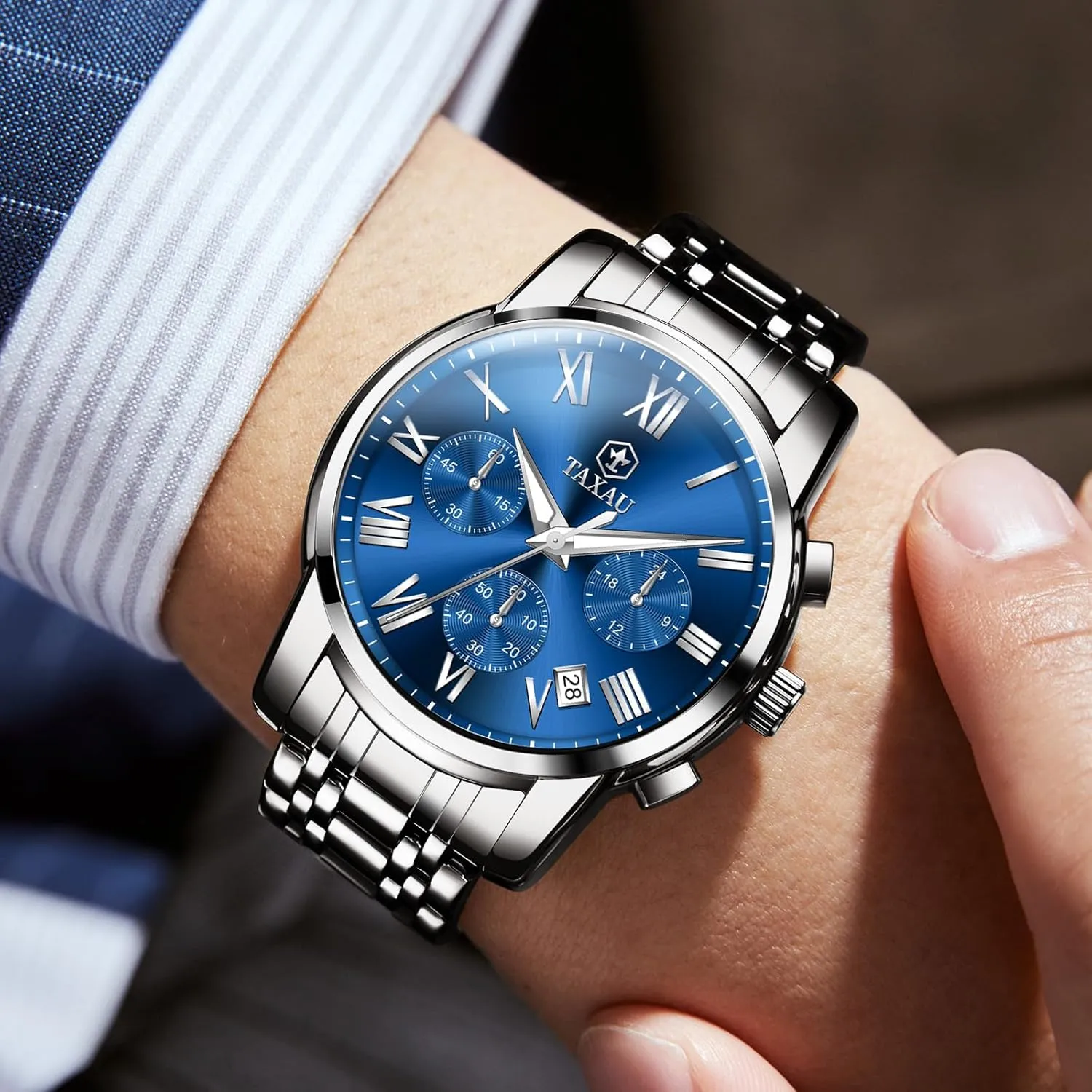 Mens Watch, Luxury Watches for Men, Big Face Watch for Men, Stainless Steel Men's Wrist Watches, Multifunction Waterproof WatchDress Analog Quartz Men's Watches