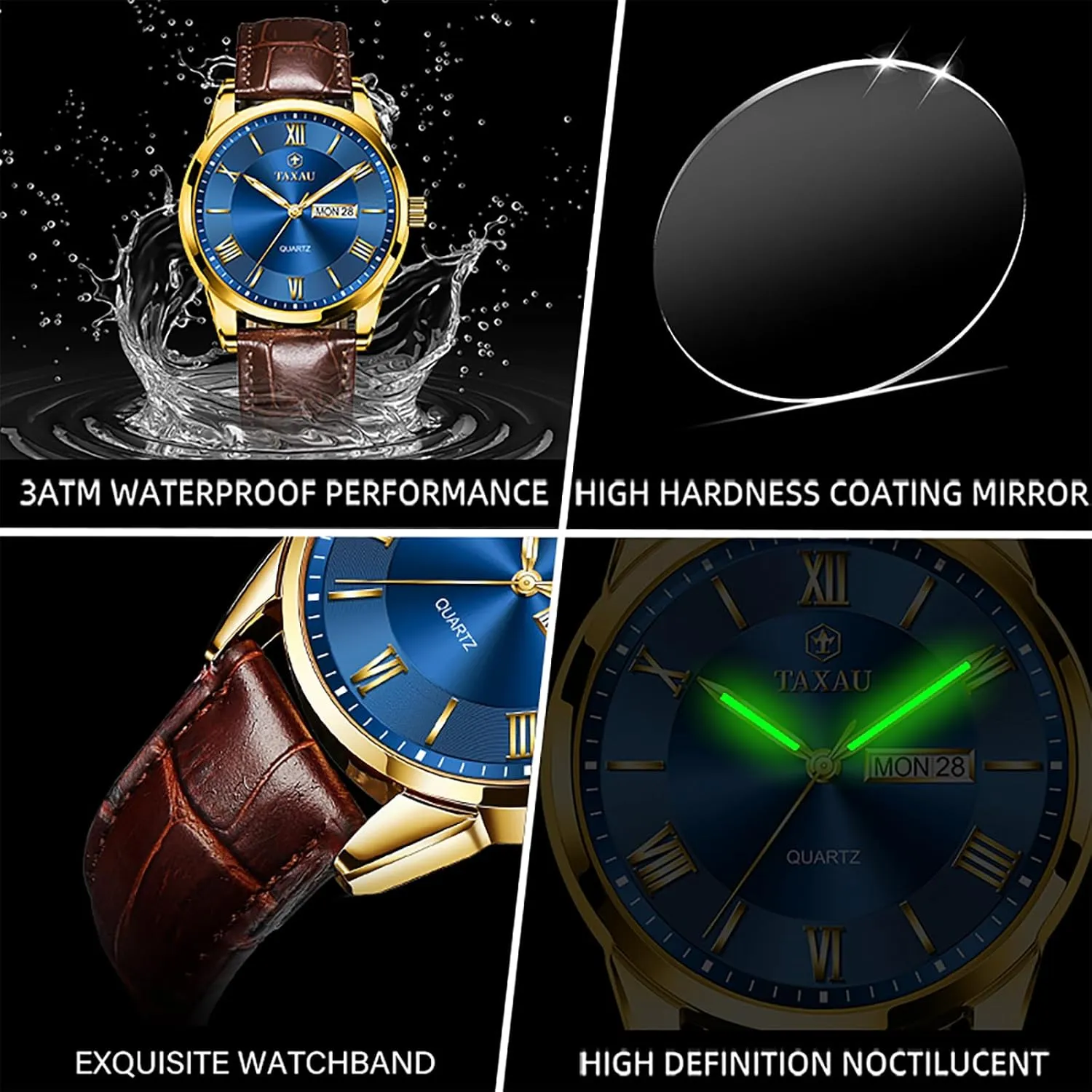 Men's Watches - Fashion Casual Leather Watches Big Face Easy Read Arabic Numerals Quartz Analog Luminous Waterproof Day Date Classic Luxury Dress Wrist Watches