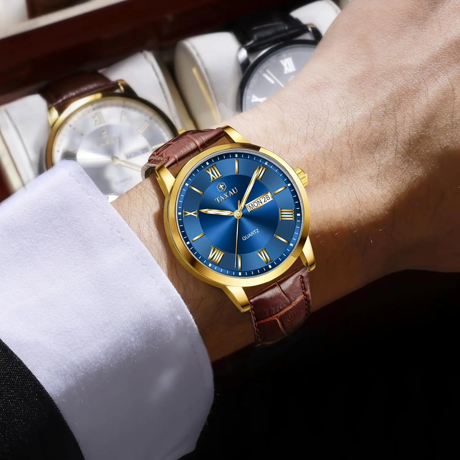 Men's Watches - Fashion Casual Leather Watches Big Face Easy Read Arabic Numerals Quartz Analog Luminous Waterproof Day Date Classic Luxury Dress Wrist Watches