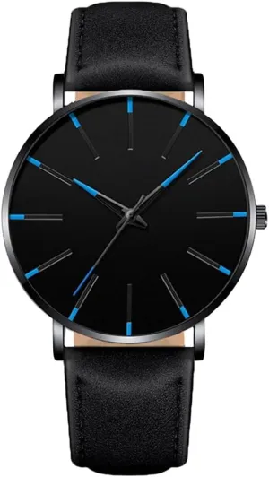 Mens Watches Minimalist Black Business Simple Casual Leather Quartz Watches for Men Blue Pointer
