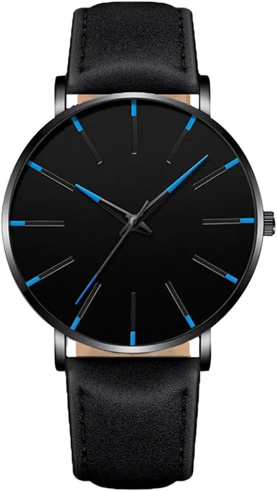 Mens Watches Minimalist Black Business Simple Casual Leather Quartz Watches for Men Blue Pointer