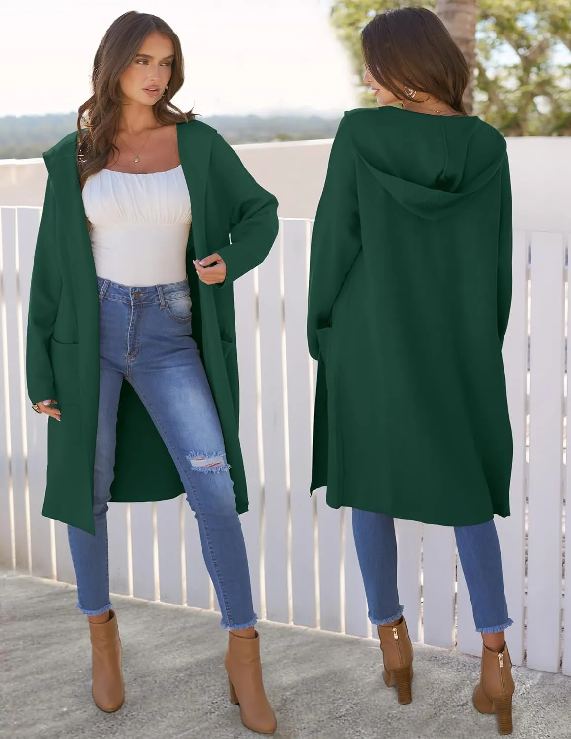 MEROKEETY Long Hooded Cardigan Sweaters for Women Oversized Open Front Coatigan Lady Jacket Coat Pockets