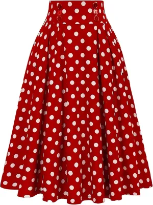 Midi Skirts for Women Casual Stretchy Flared A-Line Skirt Polka Dot Print Pleated High Waist Skater Skirt