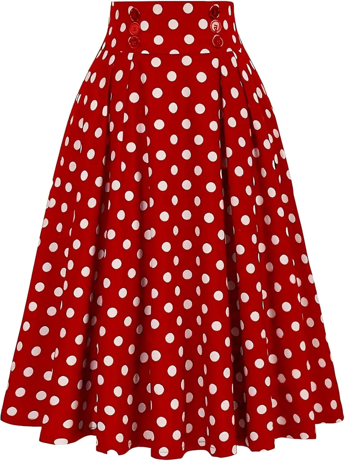 Midi Skirts for Women Casual Stretchy Flared A-Line Skirt Polka Dot Print Pleated High Waist Skater Skirt