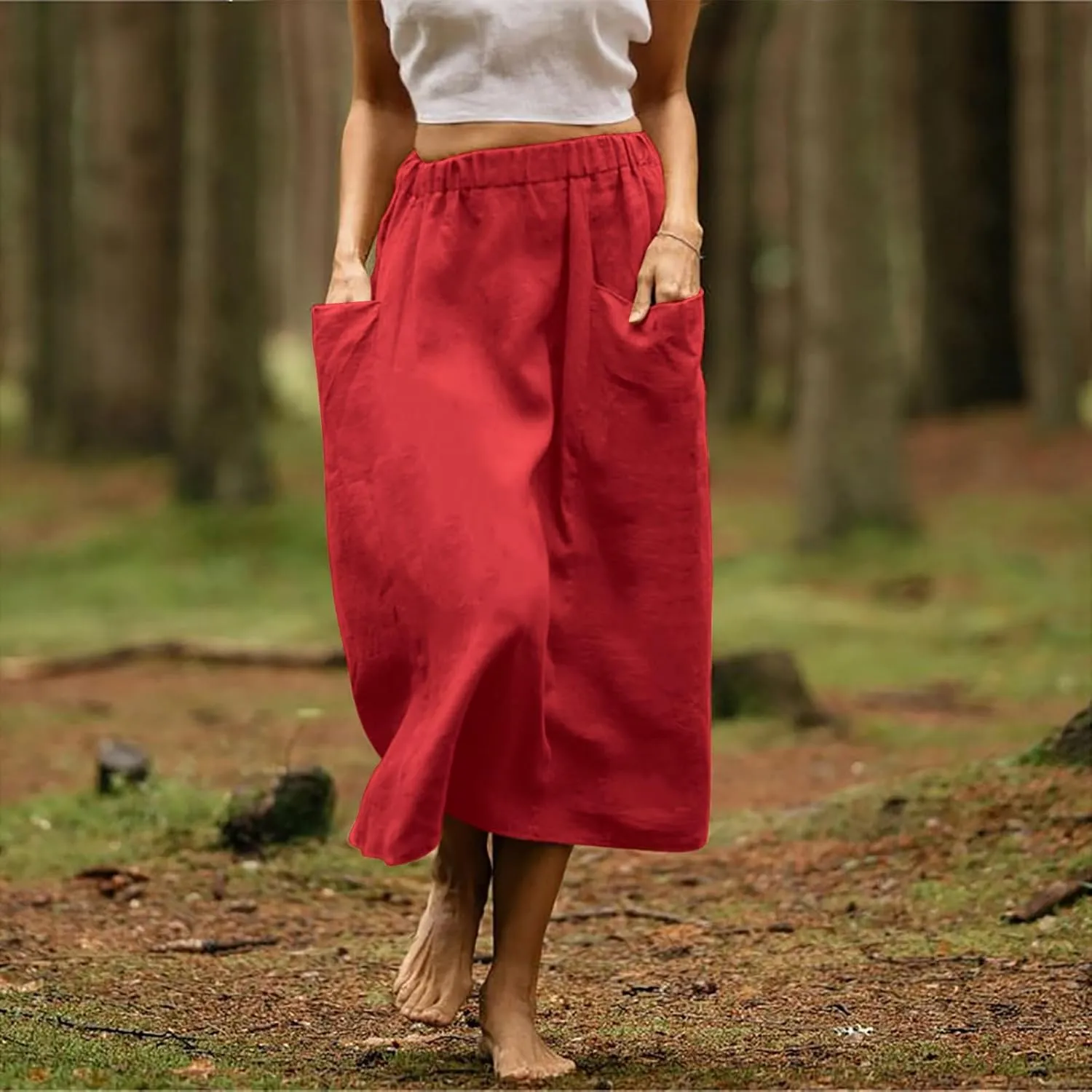 midi Skirts for Women High Elastic Waist Linen Half Skirt Casual Comfy Swing Skirts Plain Spring Skirt with Pocket