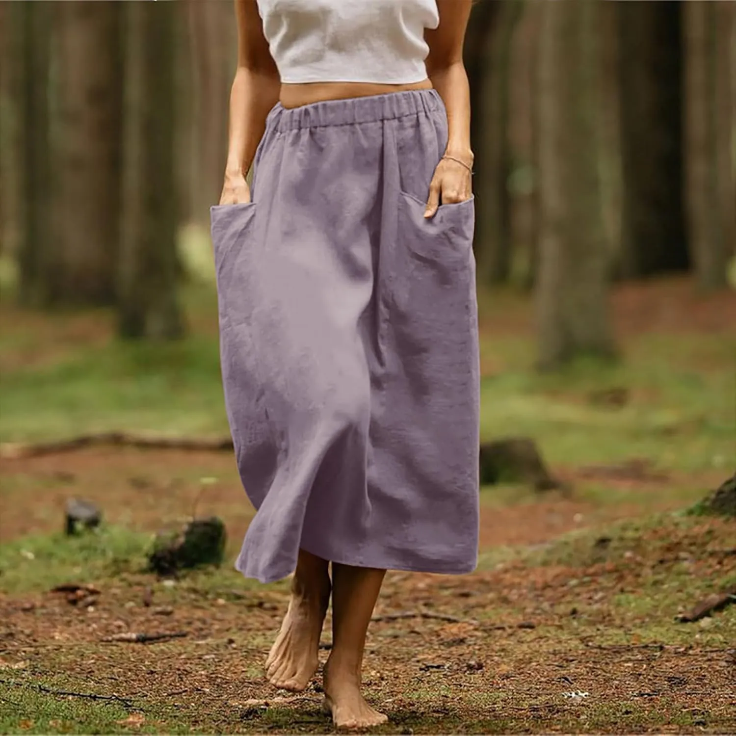 midi Skirts for Women High Elastic Waist Linen Half Skirt Casual Comfy Swing Skirts Plain Spring Skirt with Pocket