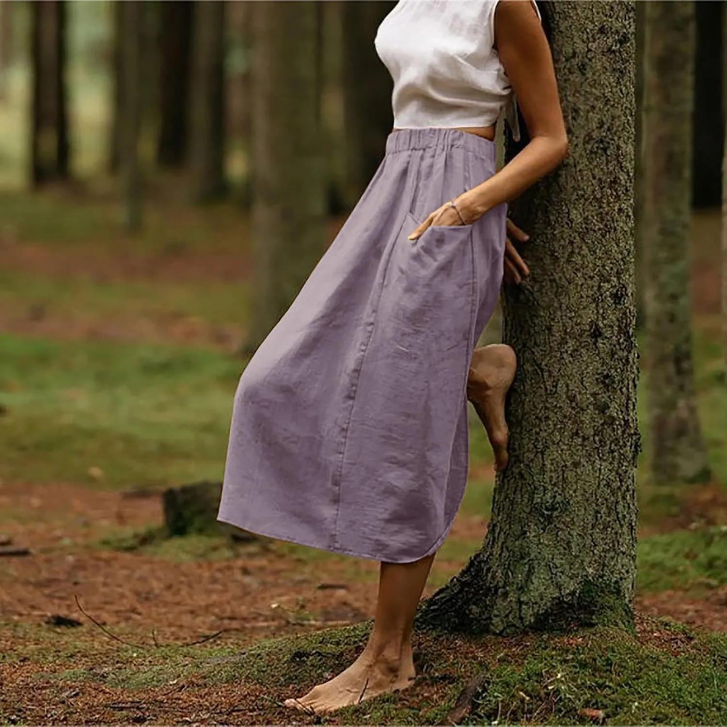 midi Skirts for Women High Elastic Waist Linen Half Skirt Casual Comfy Swing Skirts Plain Spring Skirt with Pocket