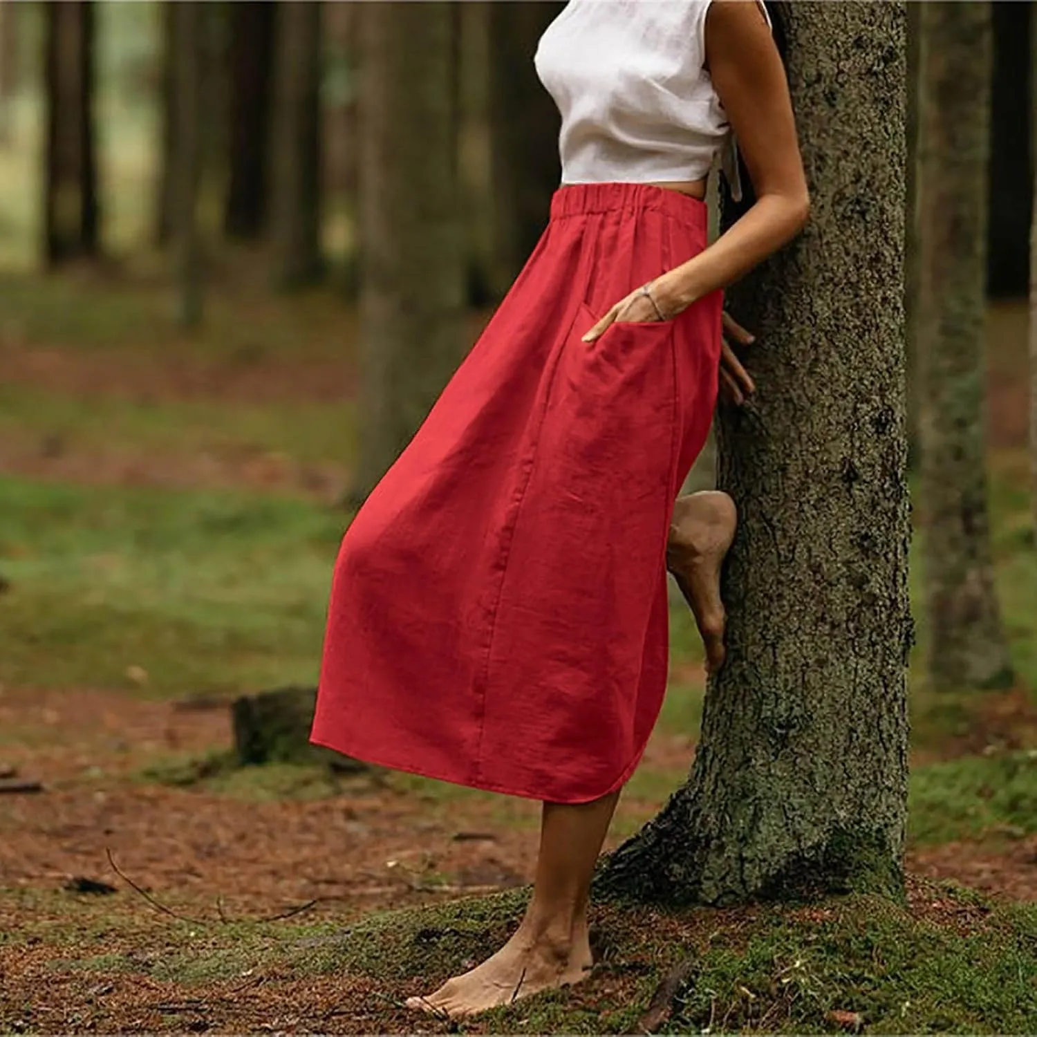 midi Skirts for Women High Elastic Waist Linen Half Skirt Casual Comfy Swing Skirts Plain Spring Skirt with Pocket