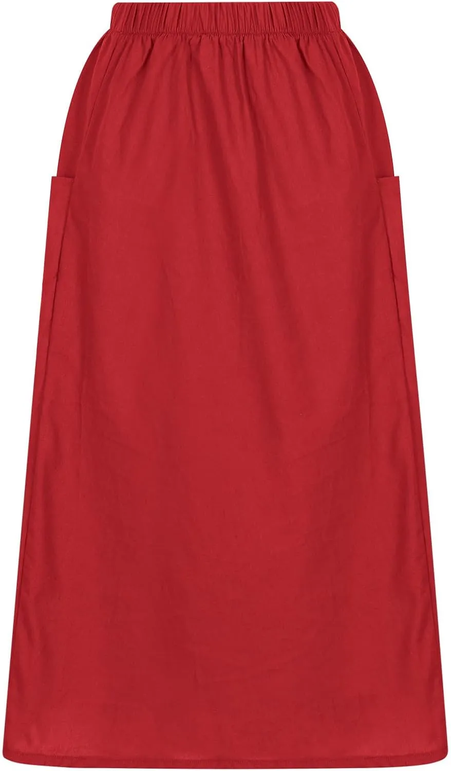 midi Skirts for Women High Elastic Waist Linen Half Skirt Casual Comfy Swing Skirts Plain Spring Skirt with Pocket