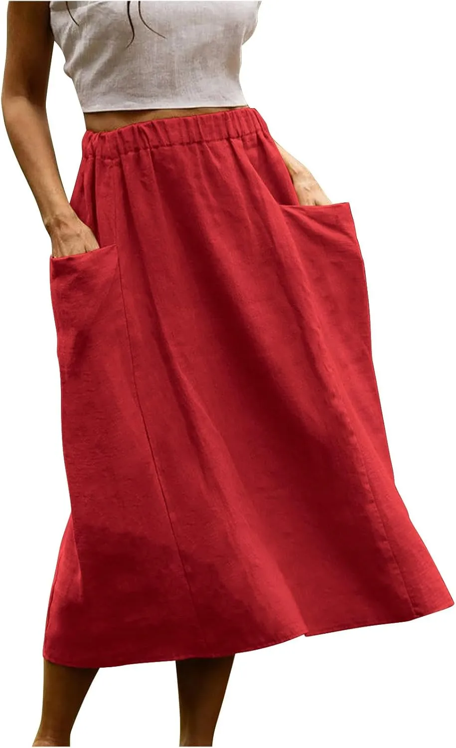 midi Skirts for Women High Elastic Waist Linen Half Skirt Casual Comfy Swing Skirts Plain Spring Skirt with Pocket