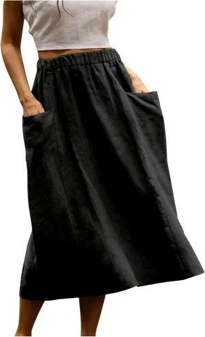 midi Skirts for Women High Elastic Waist Linen Half Skirt Casual Comfy Swing Skirts Plain Spring Skirt with Pocket