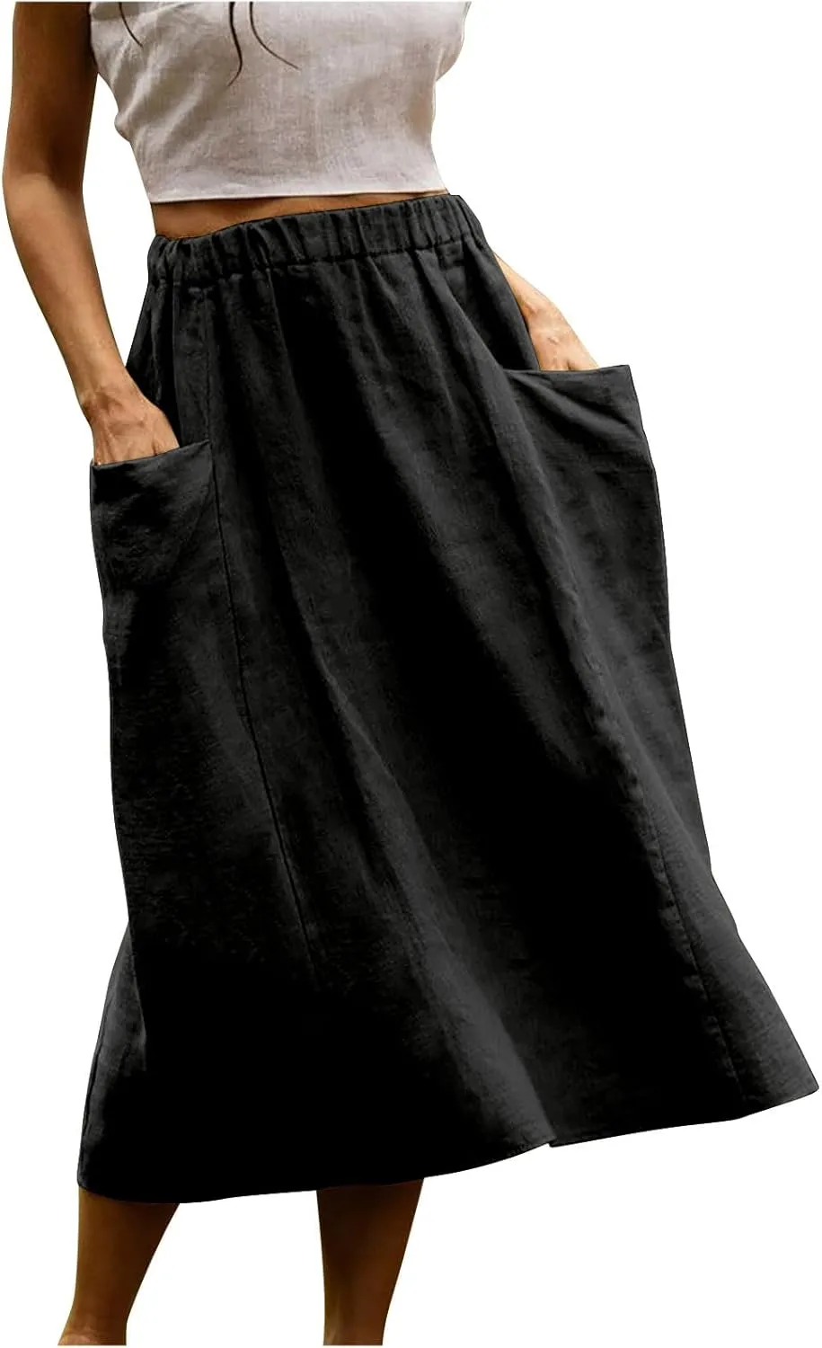 midi Skirts for Women High Elastic Waist Linen Half Skirt Casual Comfy Swing Skirts Plain Spring Skirt with Pocket