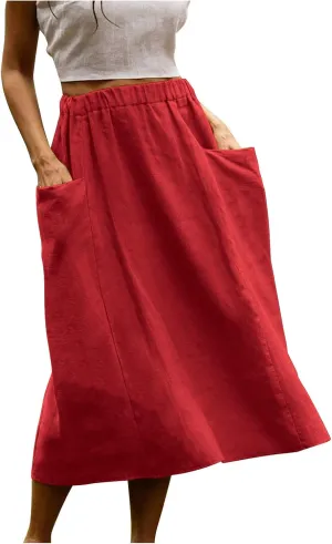 midi Skirts for Women High Elastic Waist Linen Half Skirt Casual Comfy Swing Skirts Plain Spring Skirt with Pocket