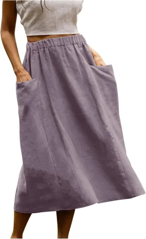 midi Skirts for Women High Elastic Waist Linen Half Skirt Casual Comfy Swing Skirts Plain Spring Skirt with Pocket