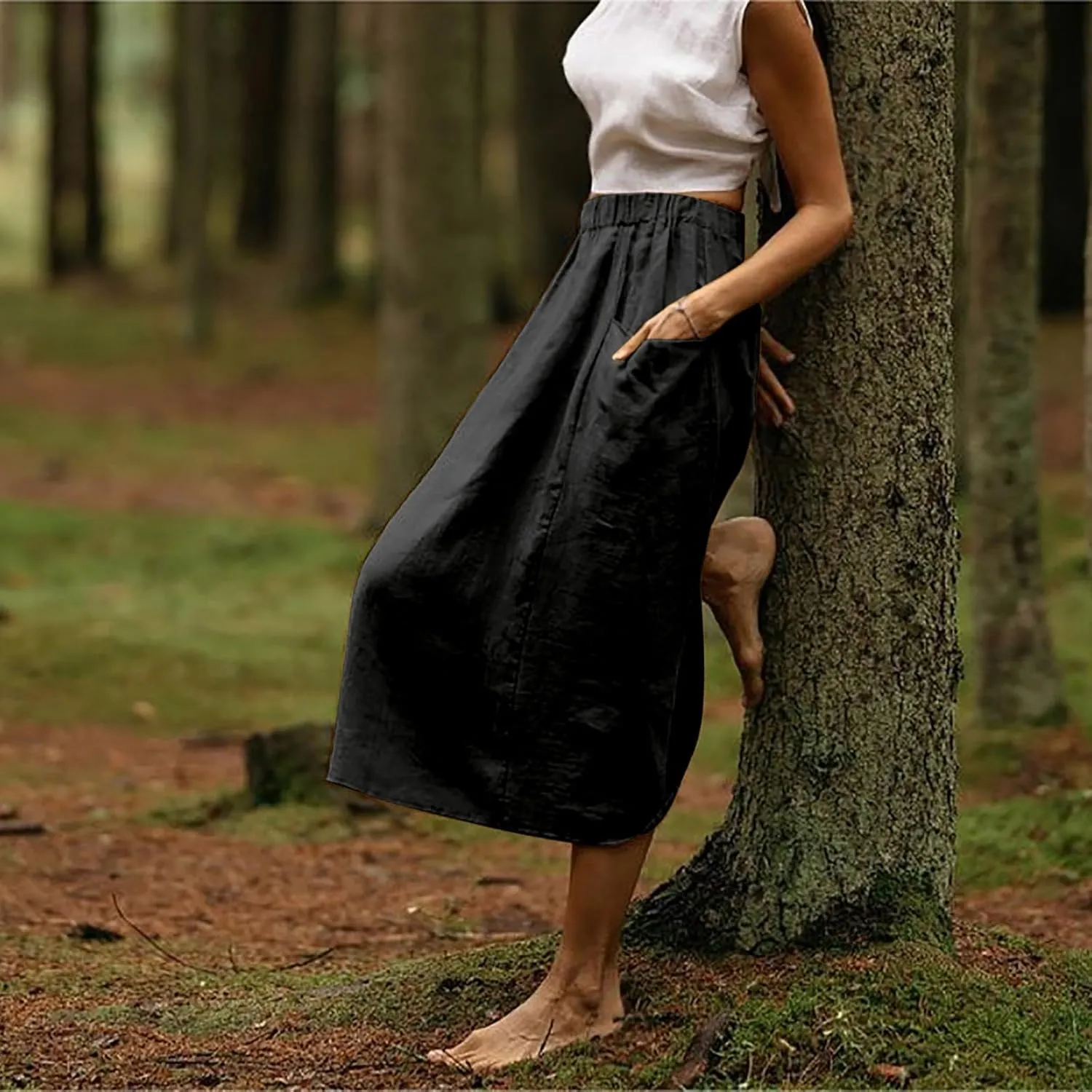 midi Skirts for Women High Elastic Waist Linen Half Skirt Casual Comfy Swing Skirts Plain Spring Skirt with Pocket