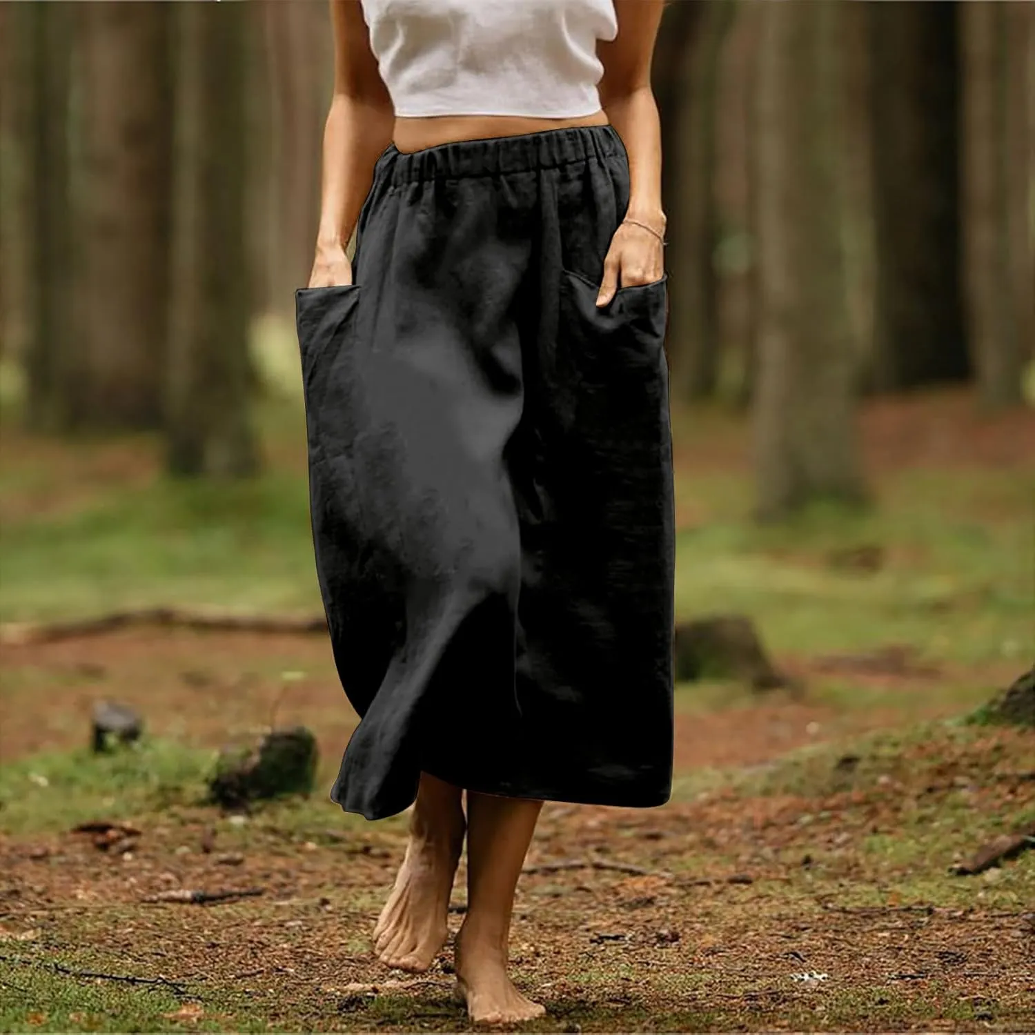 midi Skirts for Women High Elastic Waist Linen Half Skirt Casual Comfy Swing Skirts Plain Spring Skirt with Pocket