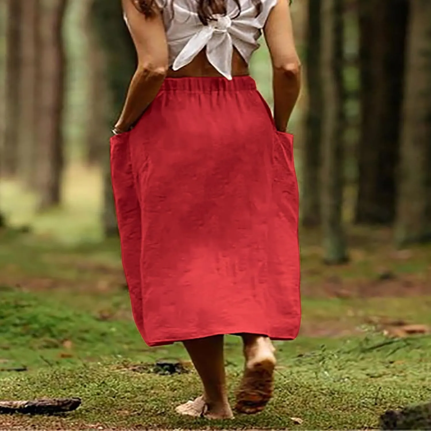 midi Skirts for Women High Elastic Waist Linen Half Skirt Casual Comfy Swing Skirts Plain Spring Skirt with Pocket