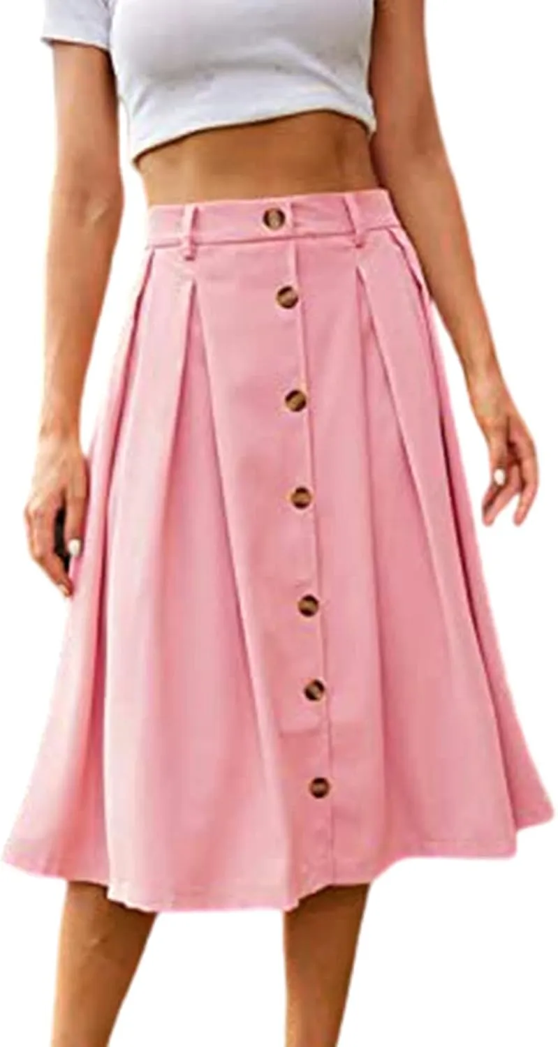 Midi Skirts for Women Spring Fall Button A-Line Skirt Casual Plain Pleated Long Skirts Ruffle Flowy Midi Skirt
