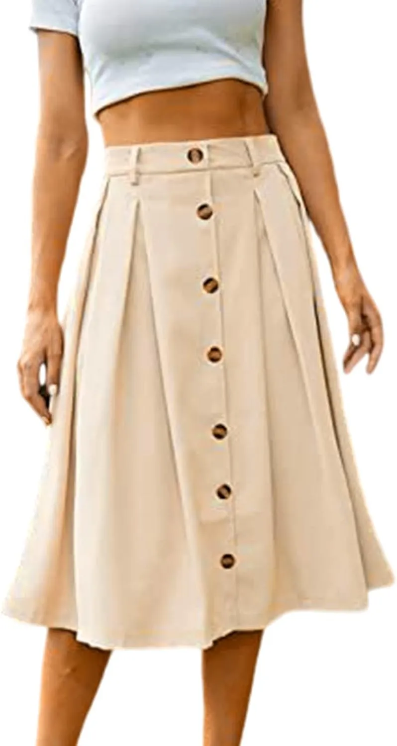 Midi Skirts for Women Spring Fall Button A-Line Skirt Casual Plain Pleated Long Skirts Ruffle Flowy Midi Skirt