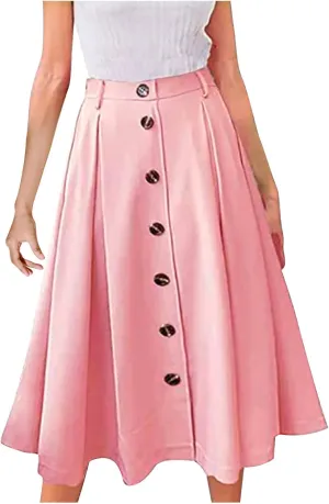 Midi Skirts for Women Spring Fall Button A-Line Skirt Casual Plain Pleated Long Skirts Ruffle Flowy Midi Skirt