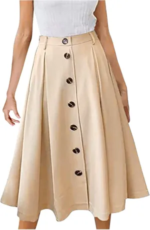 Midi Skirts for Women Spring Fall Button A-Line Skirt Casual Plain Pleated Long Skirts Ruffle Flowy Midi Skirt