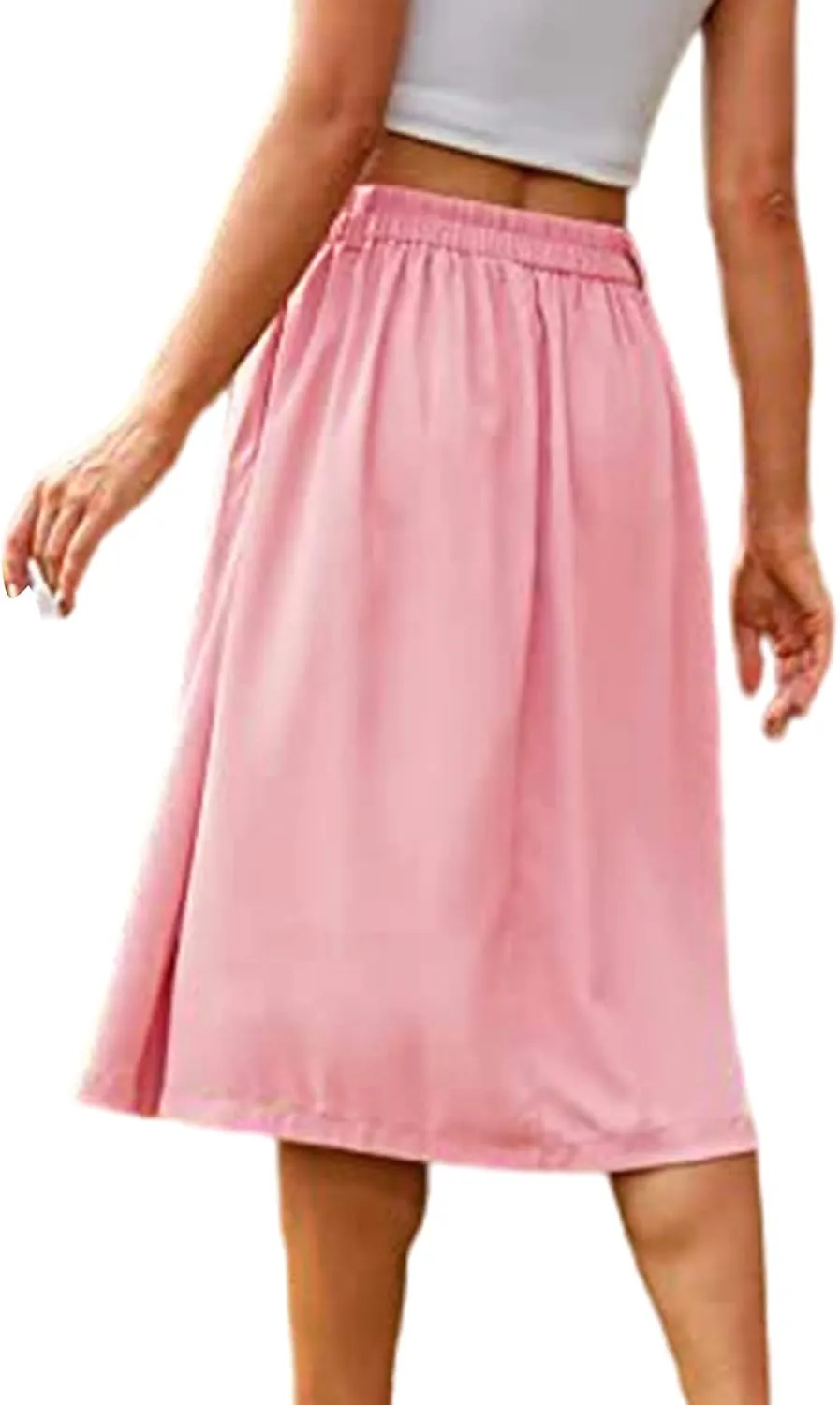 Midi Skirts for Women Spring Fall Button A-Line Skirt Casual Plain Pleated Long Skirts Ruffle Flowy Midi Skirt