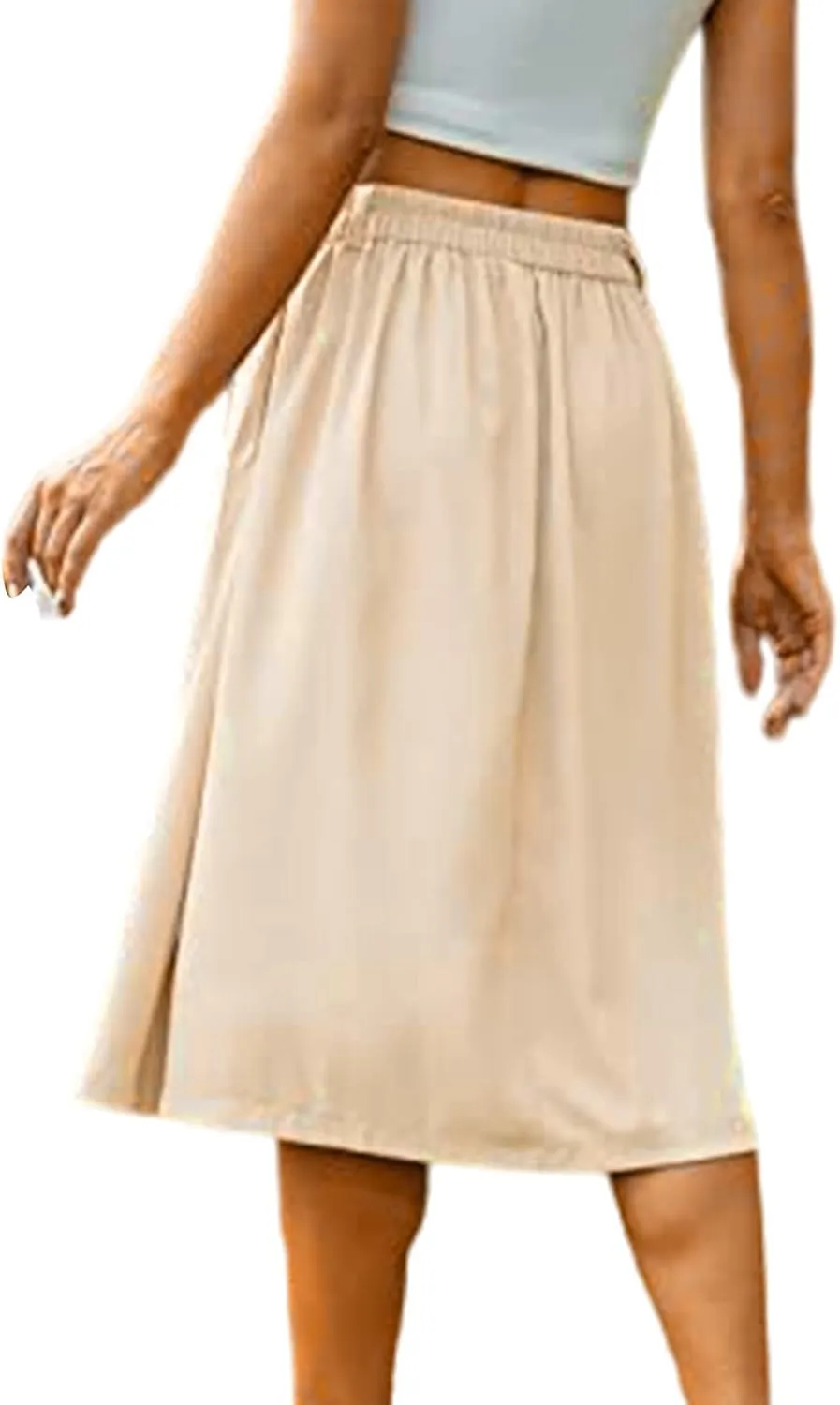 Midi Skirts for Women Spring Fall Button A-Line Skirt Casual Plain Pleated Long Skirts Ruffle Flowy Midi Skirt