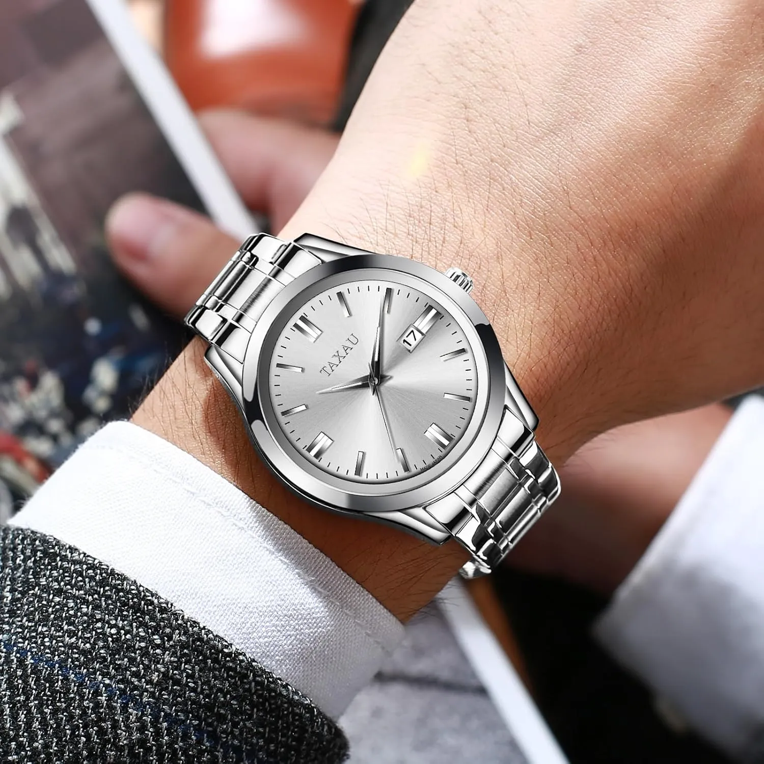 Minimalist Watch for Men Stainless Steel Men's Wrist Watches Waterproof Business Dress Luxury Analog Quartz Men Watch with Big Face & Date