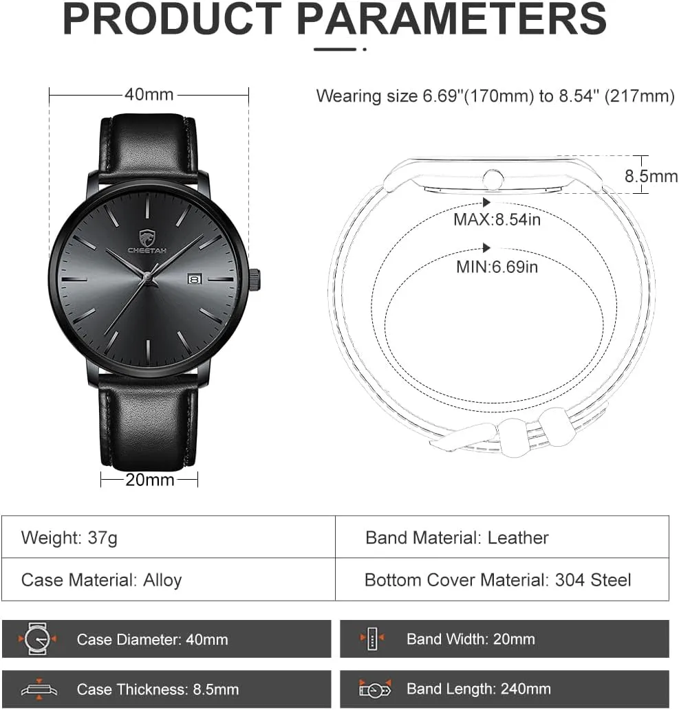 Minimalist Waterproof Quartz Watches for Men with Leather Strap, Auto Date