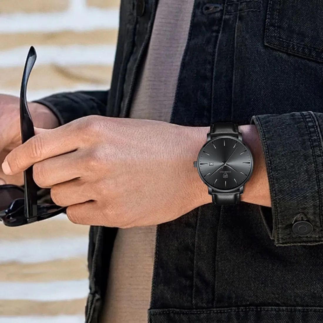 Minimalist Waterproof Quartz Watches for Men with Leather Strap, Auto Date