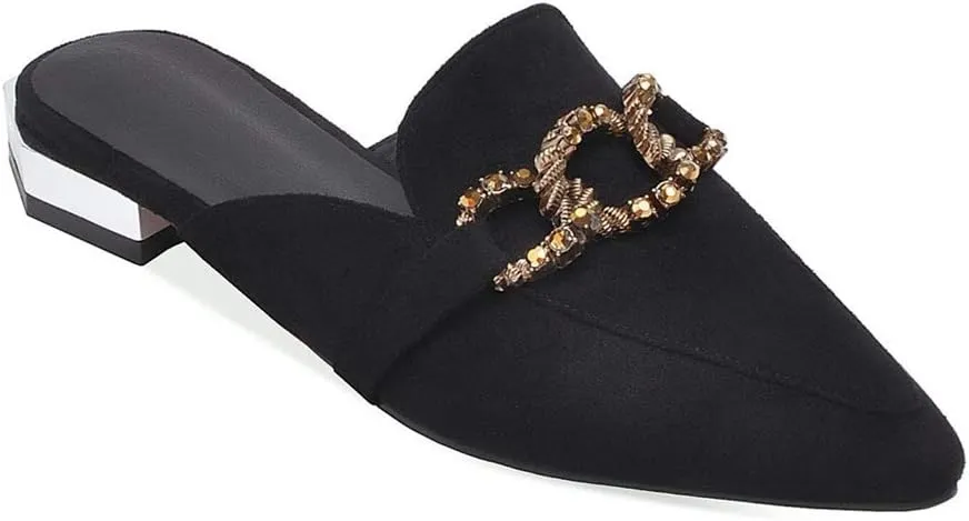 MIOKE Women's Pointed Toe Buckle Mules Flat Slip On Backless Loafer Comfort Low Heel Dress Slipper Shoes Black
