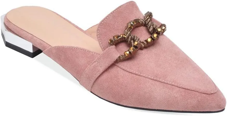 MIOKE Women's Pointed Toe Buckle Mules Flat Slip On Backless Loafer Comfort Low Heel Dress Slipper Shoes Pink