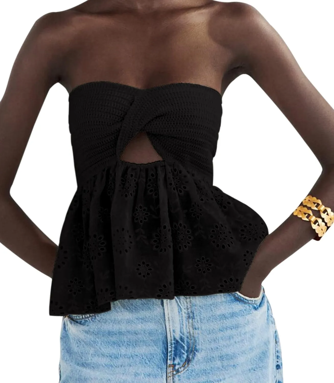 MISSACTIVER Women Twist Knot Knit Bandeau Tube Top Embroidery Strapless Off Shoulder Backless Hollow Crop Tank Corset Top