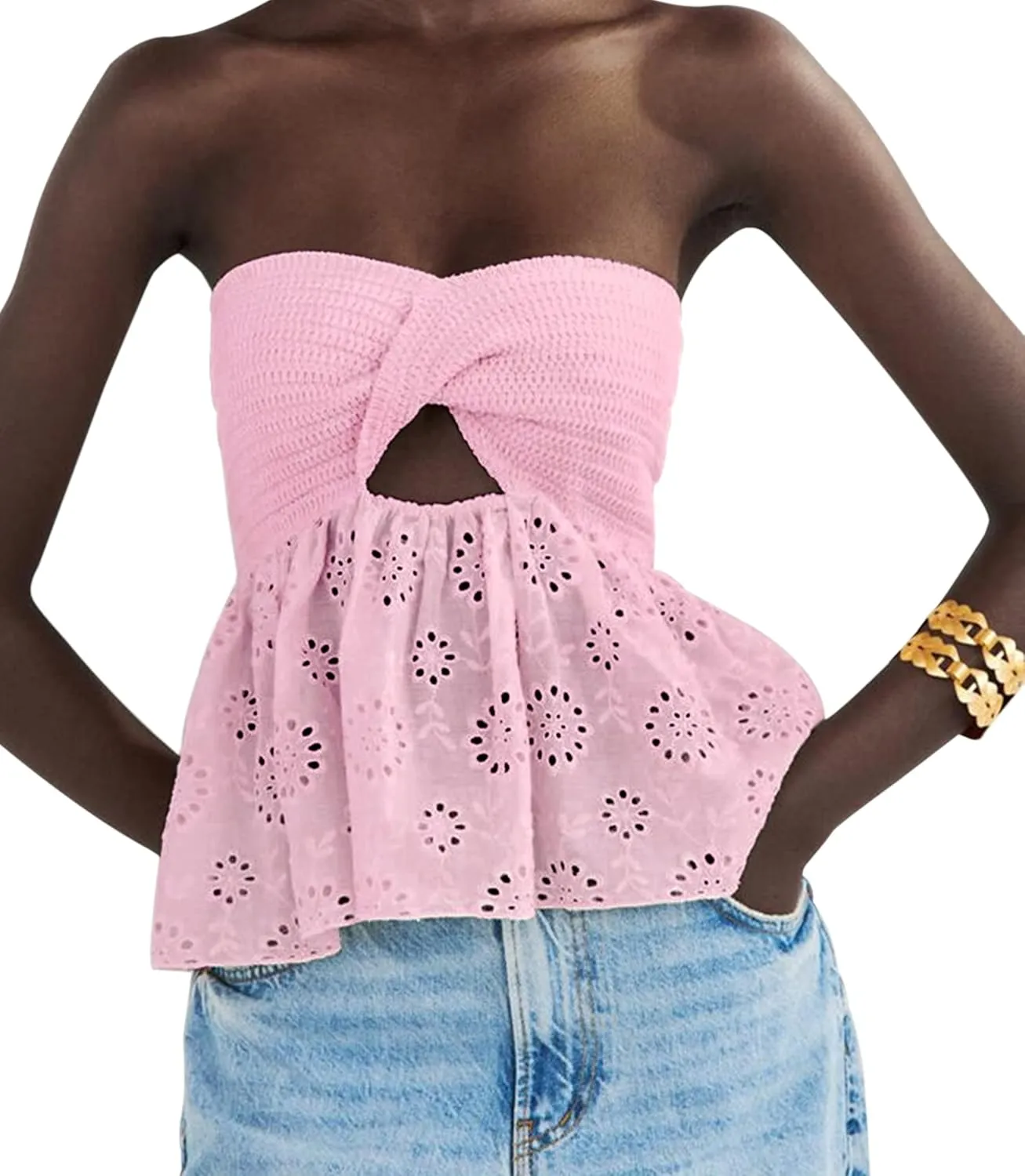 MISSACTIVER Women Twist Knot Knit Bandeau Tube Top Embroidery Strapless Off Shoulder Backless Hollow Crop Tank Corset Top