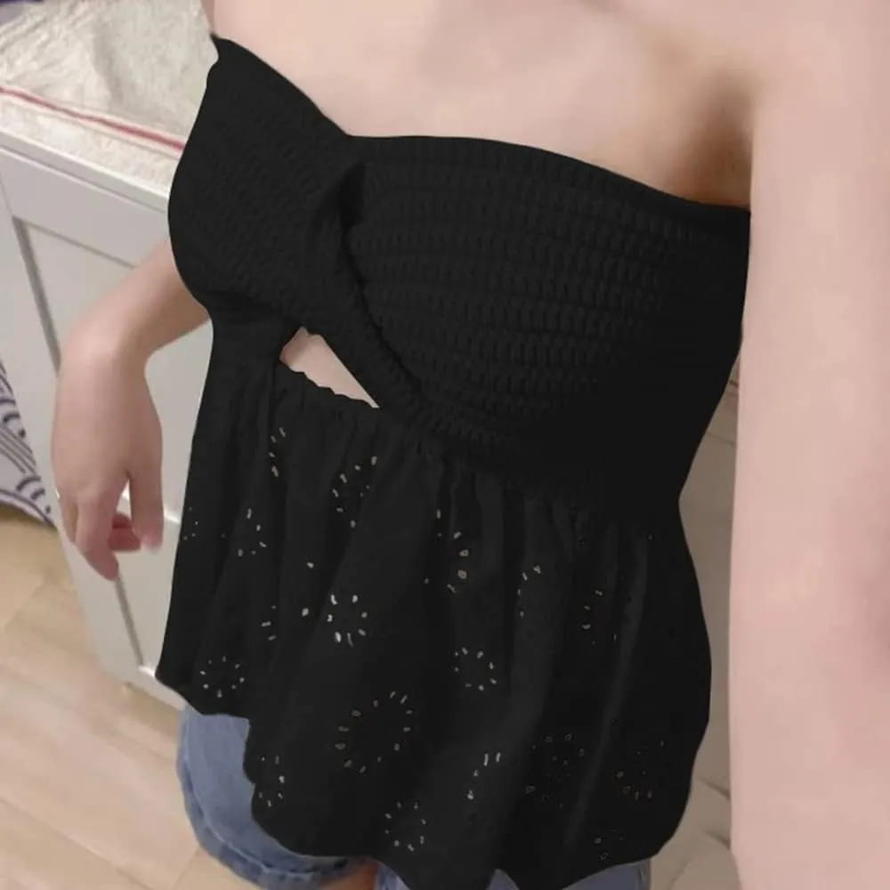 MISSACTIVER Women Twist Knot Knit Bandeau Tube Top Embroidery Strapless Off Shoulder Backless Hollow Crop Tank Corset Top